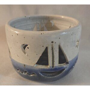 Clay Banks Pottery Sail Boat Moon Stars White And Blue Candle Holder 4.5